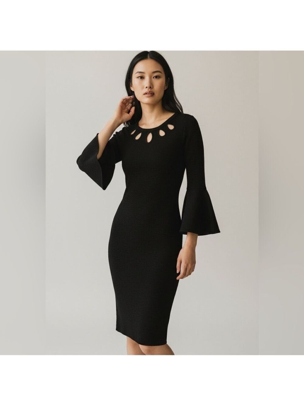 Y2K Taylor Black Sheath Dress Keyhole Cutouts Ruffled Belle Sleeves Evening Sz L